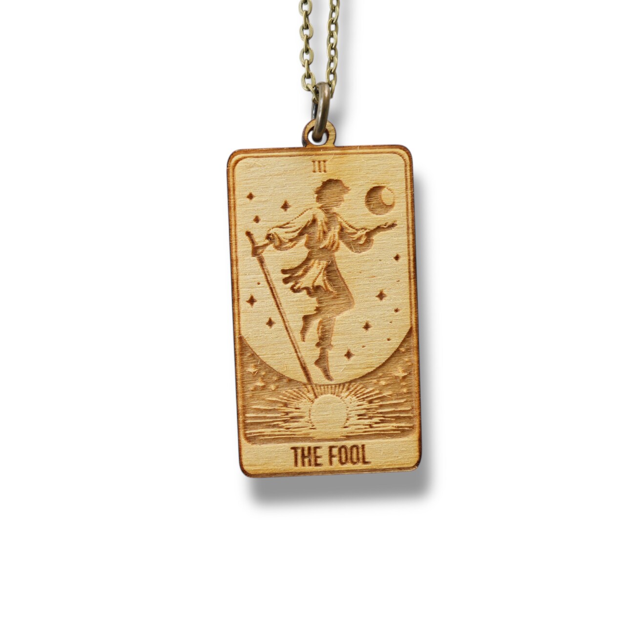 Necklace - The Fool Card - Snake and Cable Link chains - Birch wood